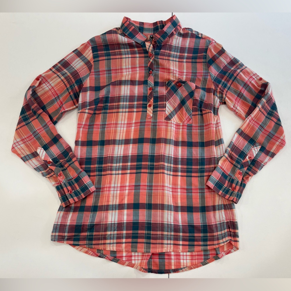 SOLD Kuhl Spektra Shirt Red Plaid Tencel Roll Tab 1/4 Button Popover Women’s L